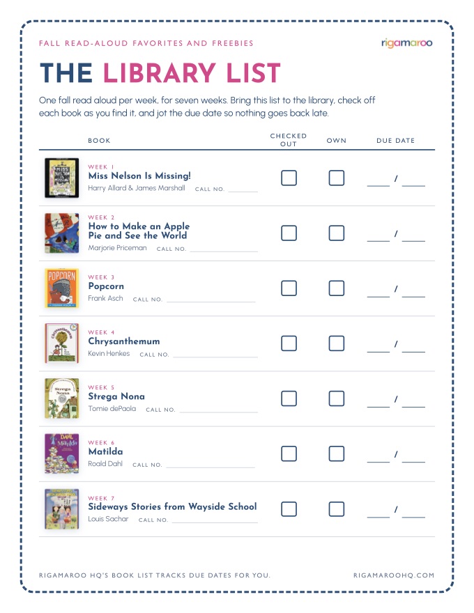 The Library List: all seven fall read-aloud titles with their covers, a call number line, and columns for checked out, own, and due date