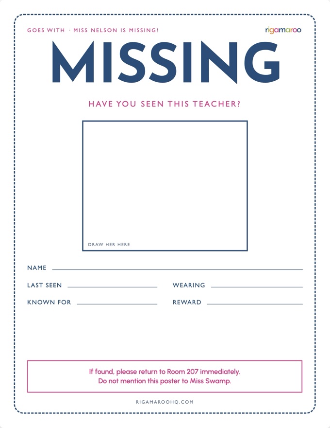 A MISSING poster headed “Have you seen this teacher?”, with a box to draw her in and blanks for name, last seen, wearing, known for, and reward