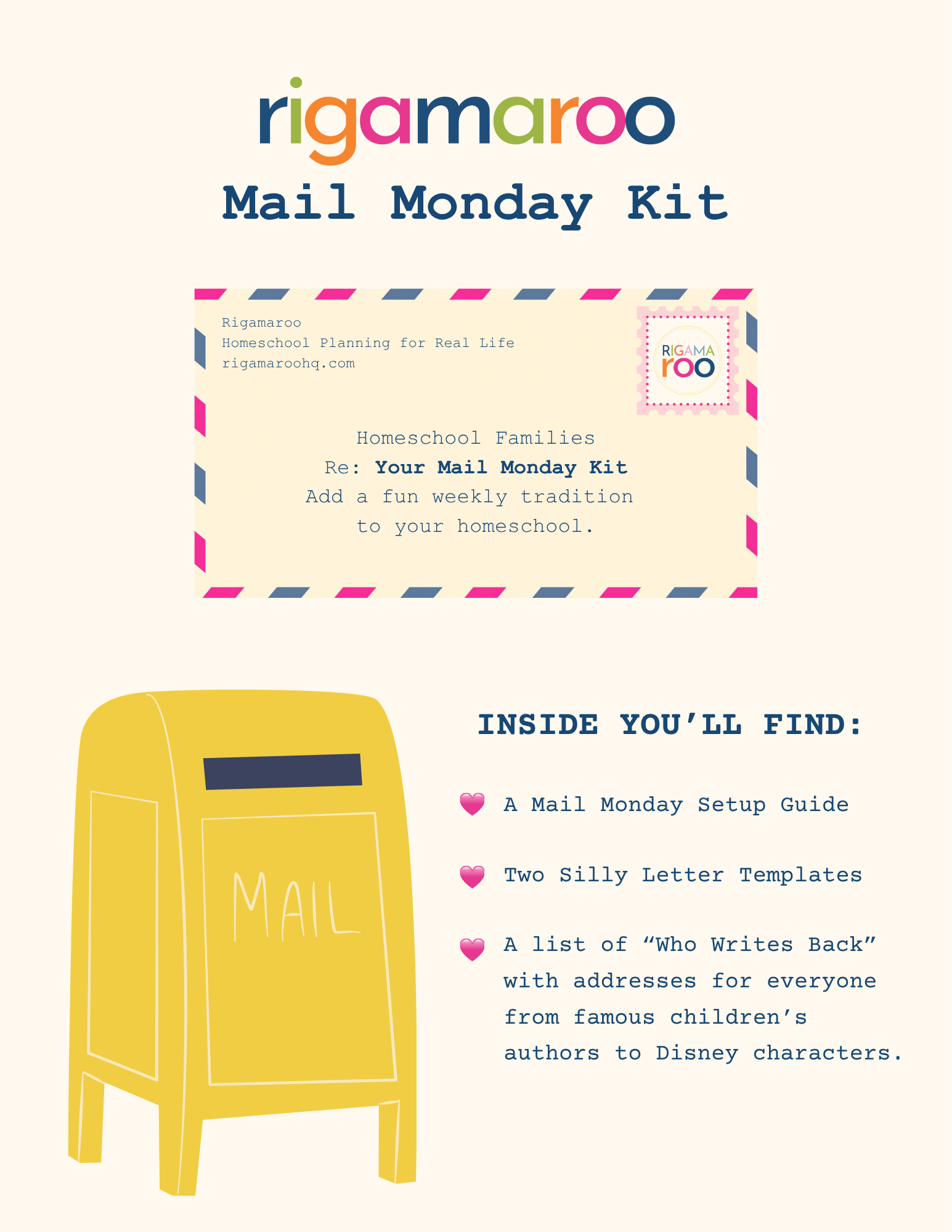 The Mail Monday Kit cover: an airmail envelope addressed to homeschool families and a yellow mailbox, listing a setup guide, two silly letter templates, and a Who Writes Back address list