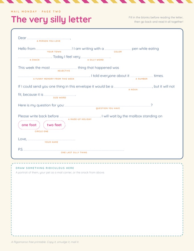 Page two: The Very Silly Letter, a fill-in-the-blank letter form with a box for a drawing